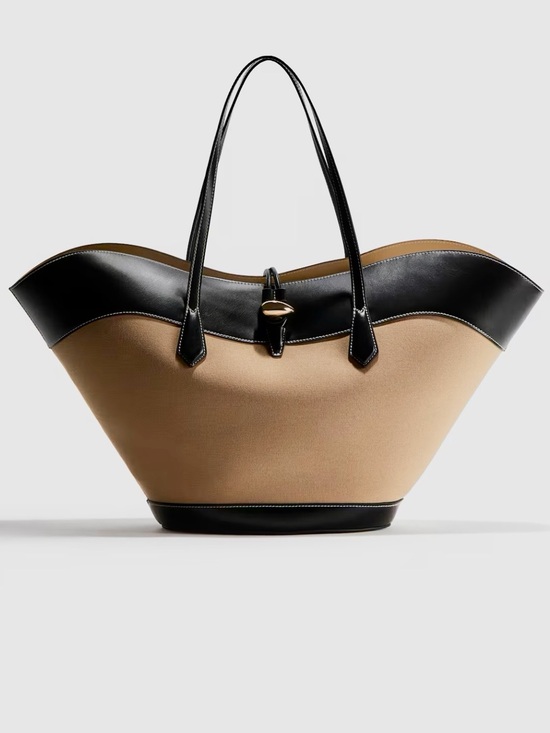 H&M Handbags - H&M NWT Large oversized Beige Black Structured canvas Tote Bag gold button